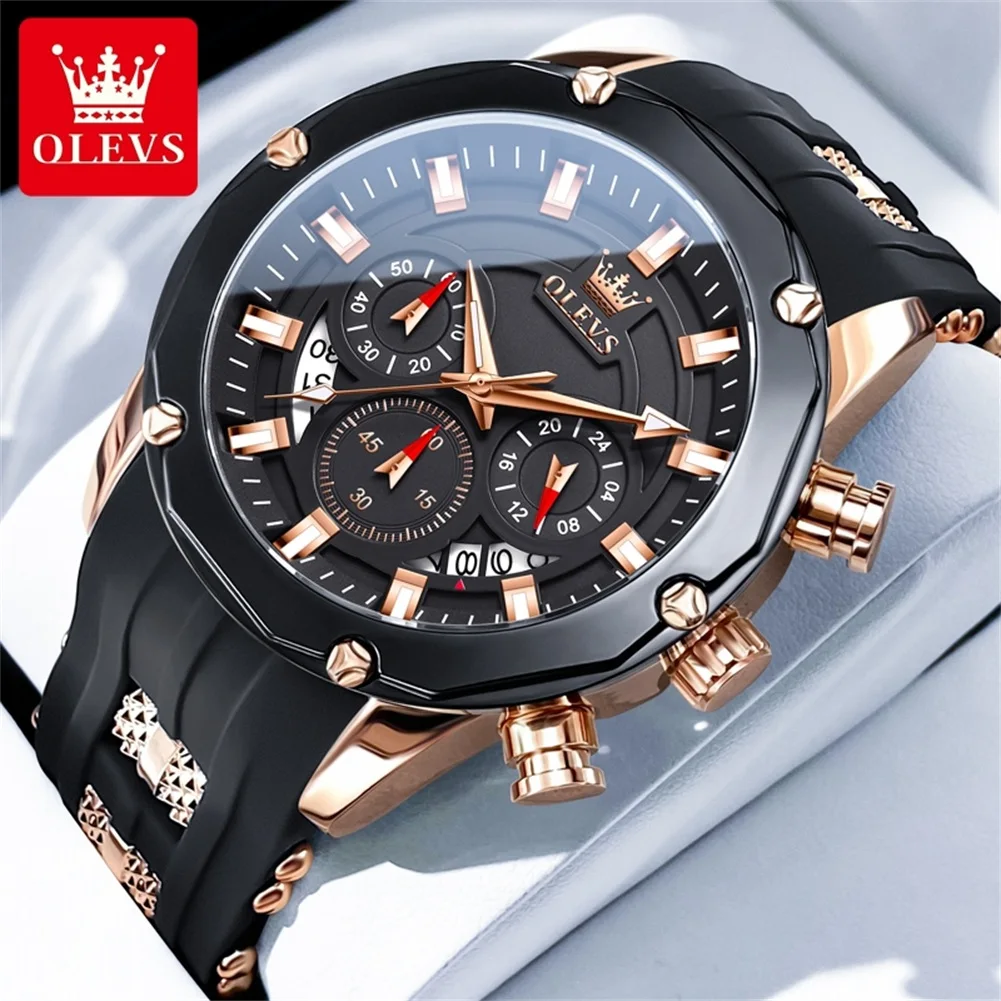 OLEVS-Montre de sport à quartz pour homme, bracelet en silicone, étanche, chronographe, multifonction, mode masculine