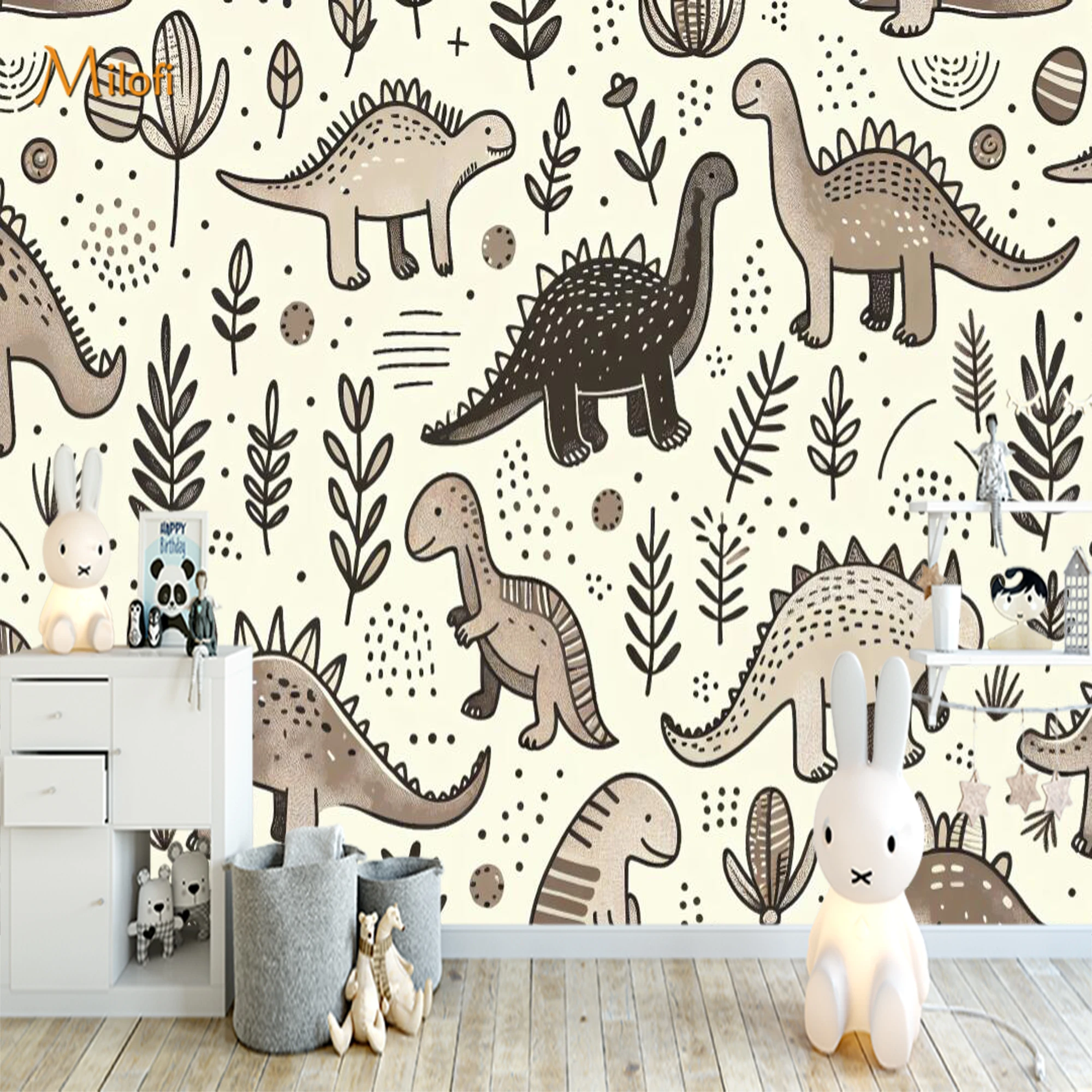 Custom Mural Wallpaper Boho Dinosaur Pattern Wall Mural, Neutral Cartoon Dino Wall Decor for Boys Kids Bedroom Nursery
