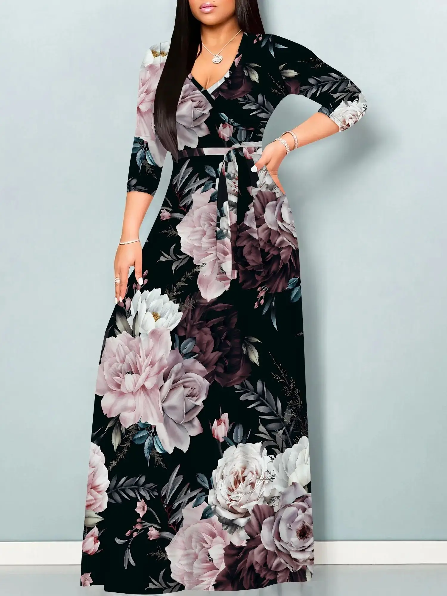 bohemian casual print v neck waist wrap long dress Anewsta Bohemian Style Paisley Retro Print Beaded V-Neck Tassel Elastic Waist Flare Sleeve Robe, Vacation Casual Kaftan Robe Gown For Women