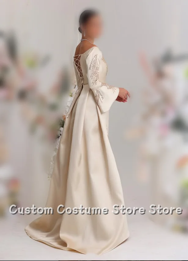 Customised Luxury Wedding Dress Off-the-Shoulder Long Sleeve Wedding Dress Beaded Sequin Train and Floor-Length Ivory Arabic Wed
