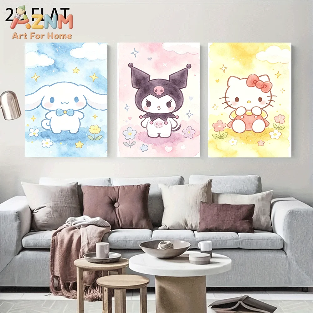 AZNM Sanrio Characters Canvas Wall Art Unframed Cute Cartoon Print Poster Cinnamoroll Kuromi Hello Kitty Watercolor Flower Star
