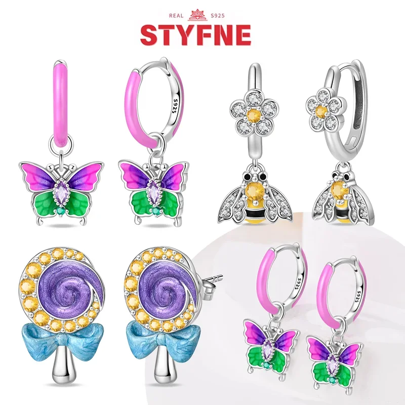 

Silver S925 Colorful Purple Dopamine Butterfly Bee Earrings Sweet Spring Flowers Romantic Earrings for Women Party Jewelry Gifts