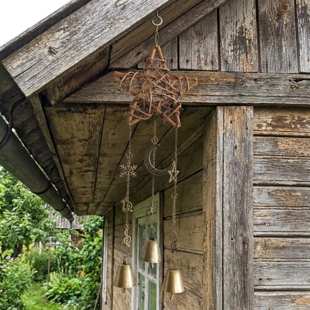 Pastoral Style Rattan Woven Wind Chime Textured Frame Hand Woven Vintage Bell Pendant Tinkling Sound Five-pointed Star