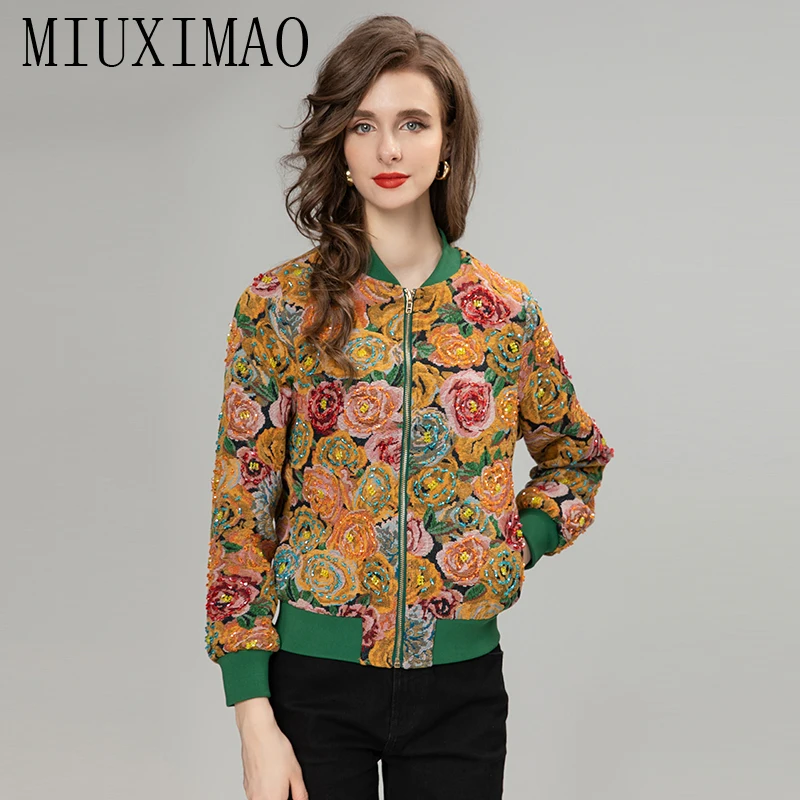 

MIUXIMAO 2023 Office Lady Fall Jacket Casual Full Sleeve Diamonds Leaf Flower Rose Yellow Jacquard Jackets for Women