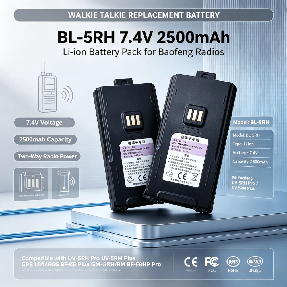 BL-5RH 7.4V 2500mAh Replacement Li-ion for Baofeng UV-5RH Pro UV-5RM Plus / Plus GPS UV-5G BF-K5 Plus GM-5RH / RM BF-F8HP Pro