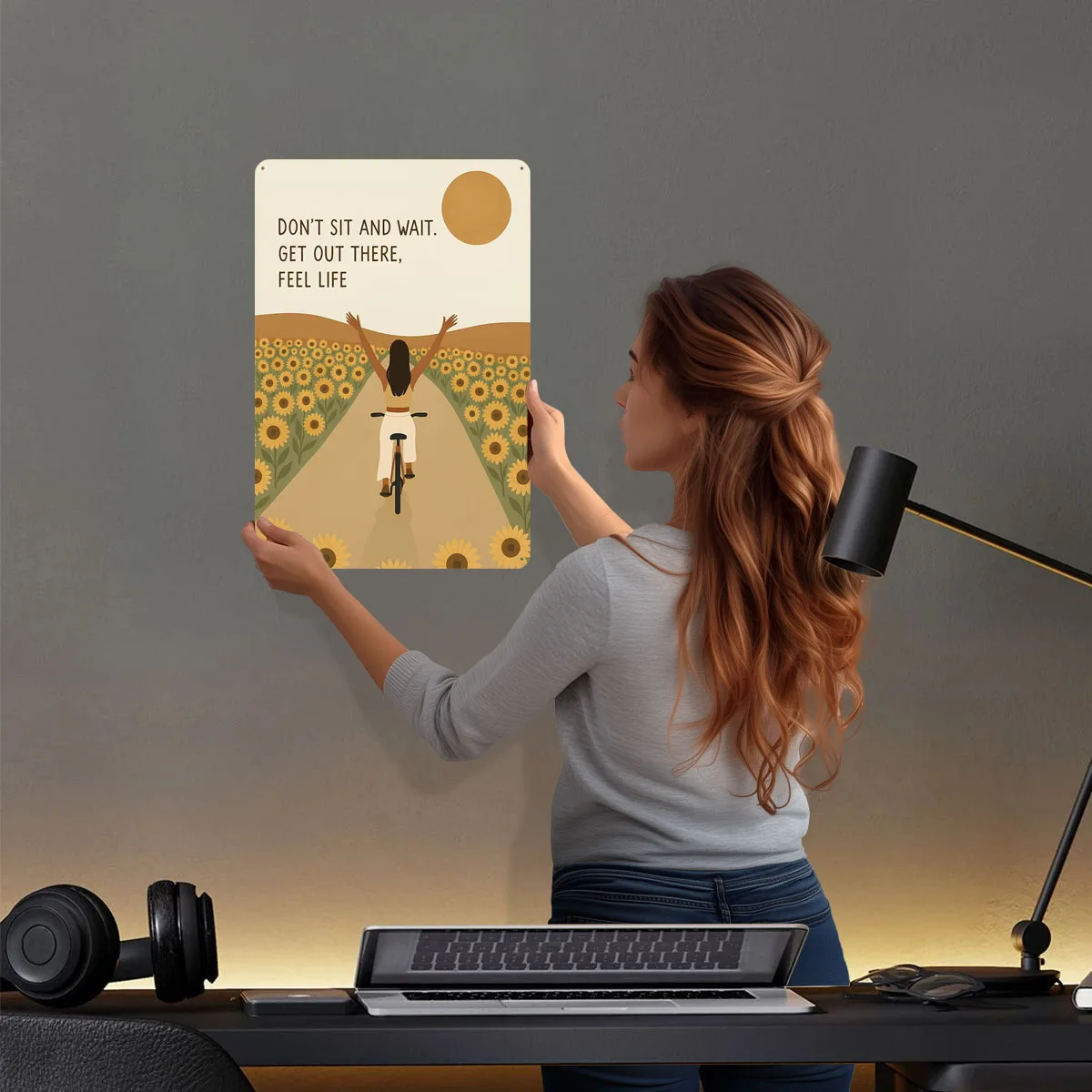 يشعر بالحياة: امرأة ركوب الدراجات من خلال عباد الشمس علامات معدنية ركوب الدراجات ملصق غرفة نوم الديكور غرفة المعيشة ديكور الرجال القهوة بار الرجعية