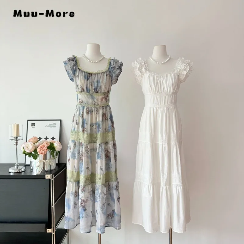 

2024 Summer Vintage Short Sleeve Patchwork Floral Print O-neck Midi Dresses Women Elegant Chiffon A-Line Lace Evening Dress