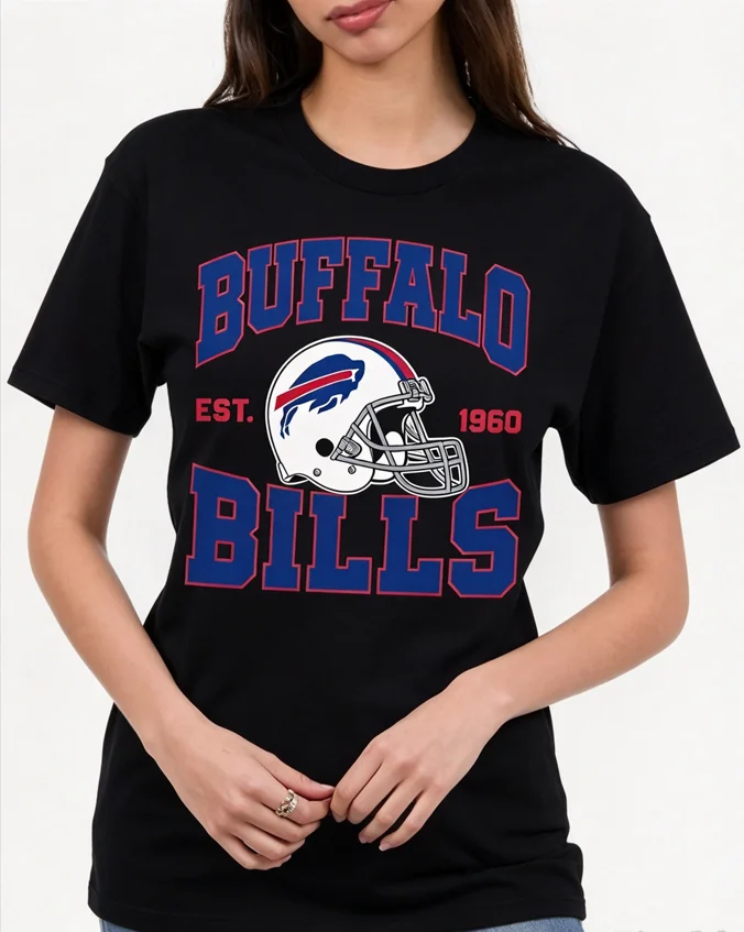 2026 Buffalo Bills EST 1960 T Shirt Unisex Cotton Fabric Helmet Logo Print Short Sleeve Tops Men Women Casual Streetwear