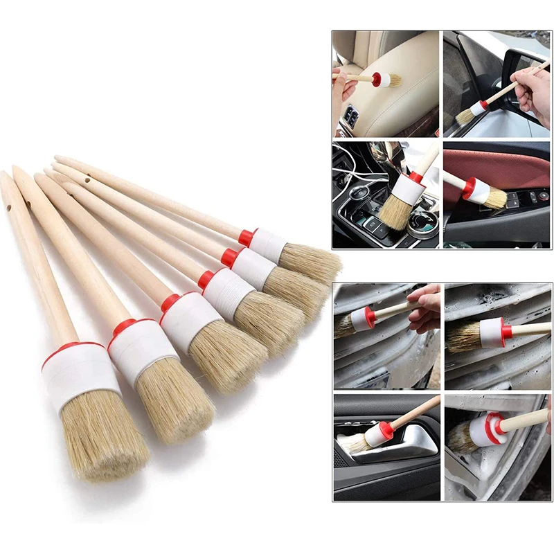 

Car Wash Brush Bristle Round Head Paint Car Cleaning Brush Wooden Handle Bristle Detail Brush Pig Bristle Brush