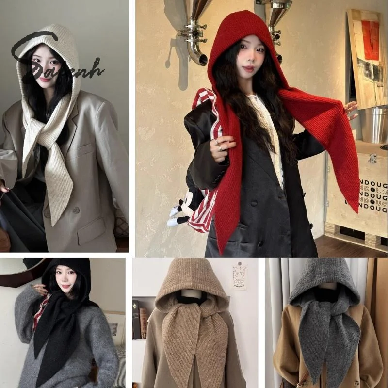 Trendy Wool Hat And Scarf Integrated Hooded Warm Earmuffs Autumn Winter Fashionable Wool Hats For Women Knit Neck Warmer