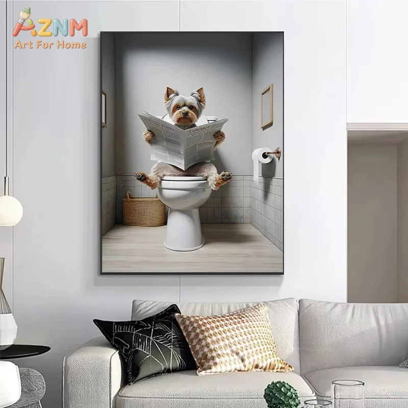 Toilet Dogs Reading Newspapers Funny Posters Rottweiler Doberman Poodle Canvas Painting Bathroom Wall Art Picture Home Decor
