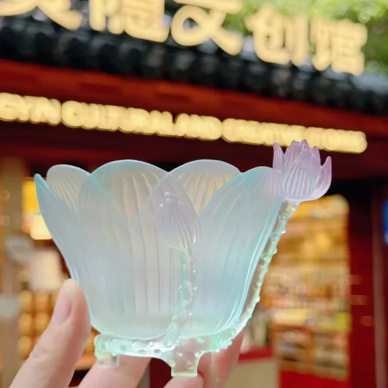 Colorful Glazed Lotus Flower Master Cup Small Square Water Feature Creative Desktop Ornament for Home Office Decor Scenic