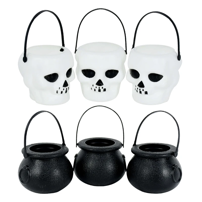 

6pcs Halloween Plastic Candy Bucket White Skeleton Black Clay Pot Hand-held Small Bucket Halloween Party Decor Trick Or Treat