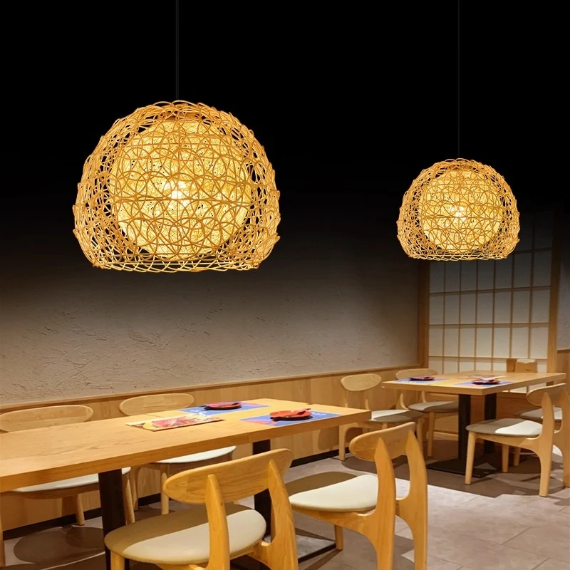 Japanese Retro Hand Knitting Rattan Weaving LED Pendant Lamp Personality Sesame Ball Restaurant Cafe Study Bedroom Hanging Light