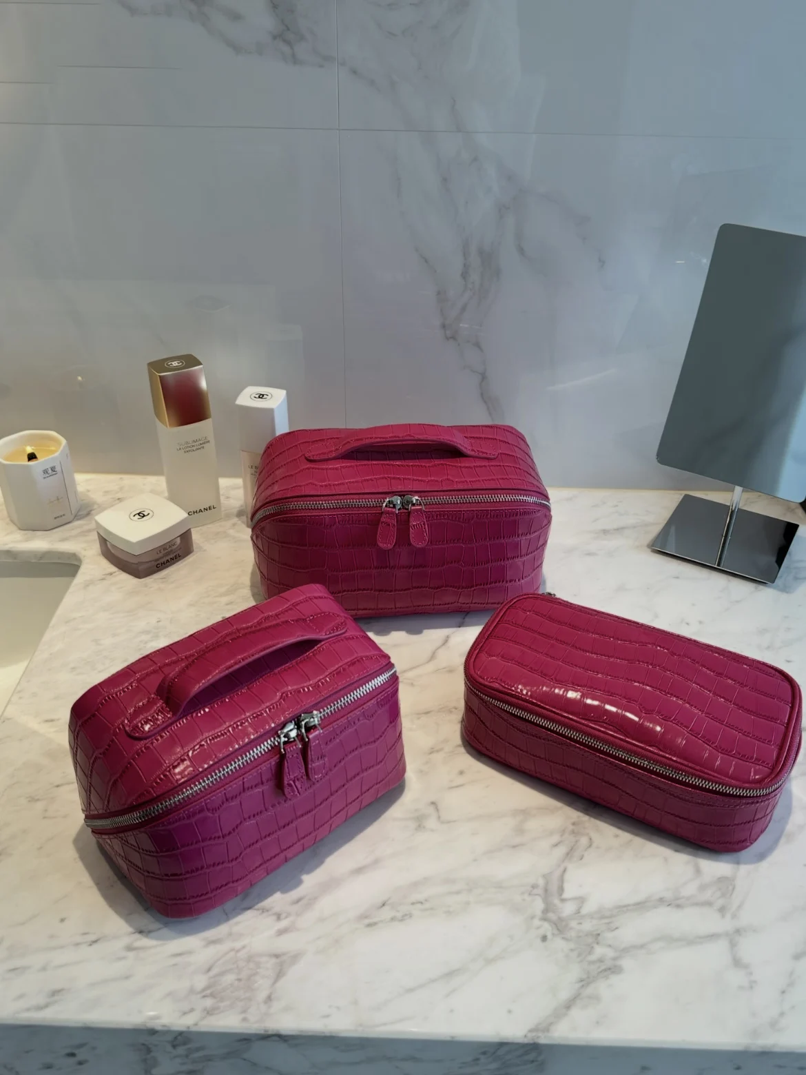 Crocodile Pattern Cowhide Cosmetic Bag Rose Red Light Luxury Genuine Leather Women Travel Portable Toiletry Storageanity Case