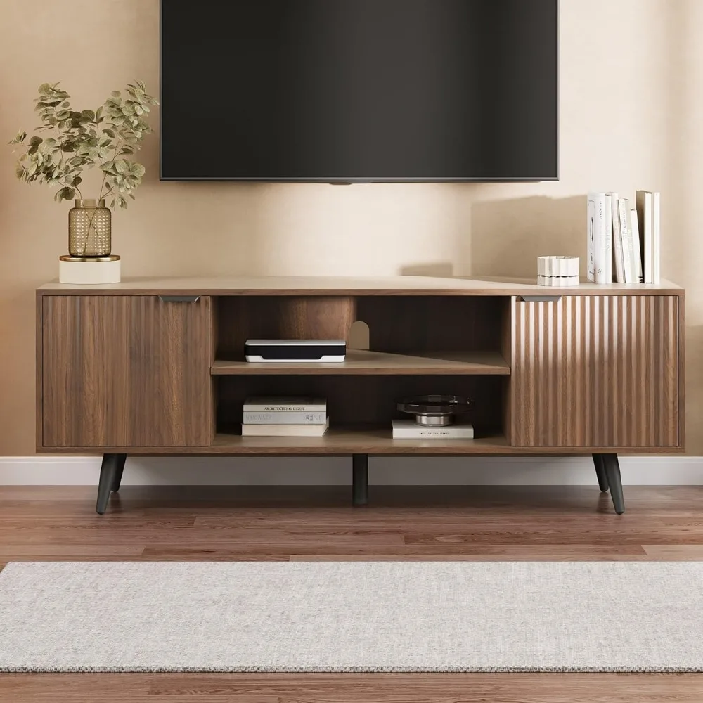 Contemporary Wooden TV Stand with Storage and Wave-Patterned Panel, Adjustable Shelf Entertainment Center