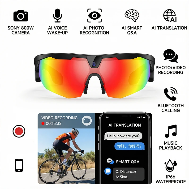 AI Sports Smart Glasses With Camera Sunglasses Bluetooth Play Music Windproof Goggle Translator Video Recording Voice Eyewear
