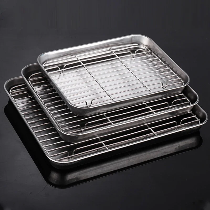 

Stainless Steel Baking Pan Tray With Wire Rack Cake Baking BBQ Pan Tray Plate Oven Baking Rack Cooking Roasting Grilling Tool