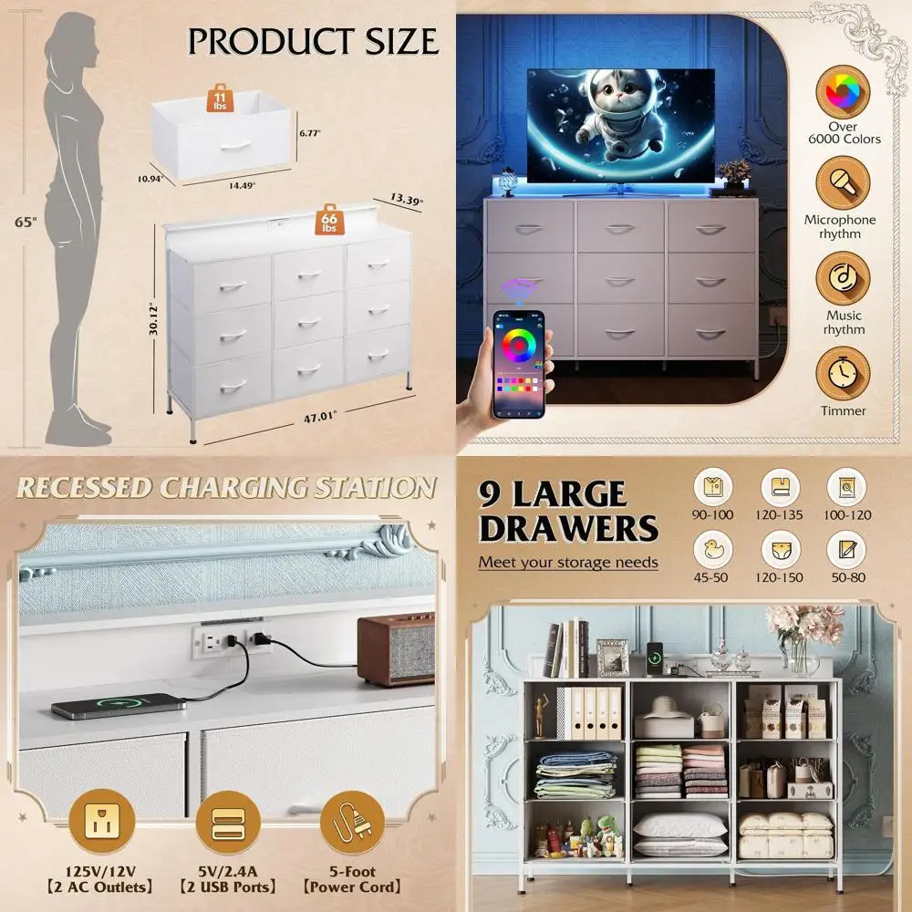 

45-55 Inch TV Entertainment Center with LED Lights, Charging Station, 9 Drawers & Open Shelves