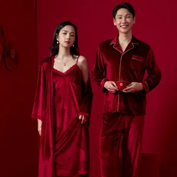 Burgundy Velvet Bride Long Robe Nightgown Set Wedding Gift Couple Sleepwear Autumn Winter Velour Loose Home Wear Lounge Wear