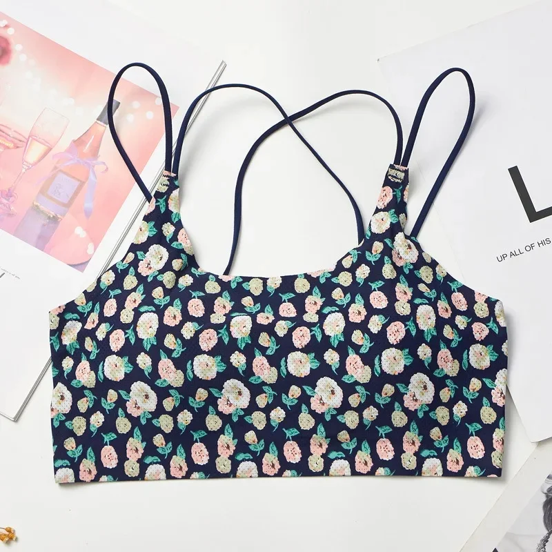 Women U Neck Printed Bandeau Bra Fixed Non Detachable Cross Back Strap Removable Padded Tube Top One Size Soft Stretch Underwear