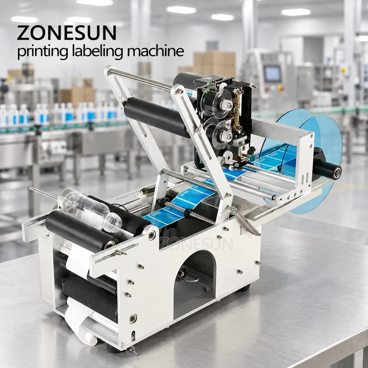 ZONESUN ZS-TB50D Semi Automatic Round Bottle Labeler Machine with Date Coder Printer PET Plastic Can Labeling Applicator