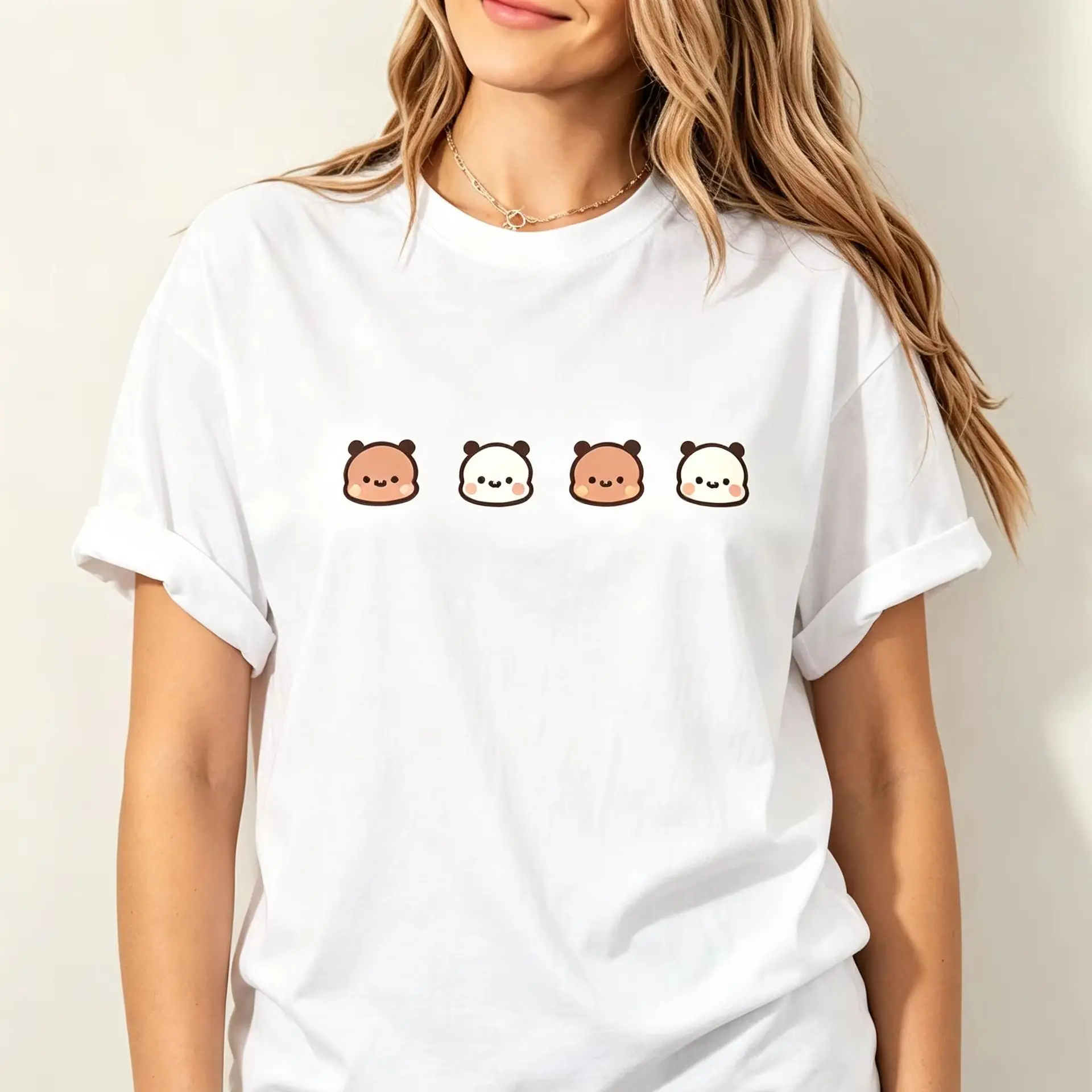Women's Bubu & Dudu Cute Cartoon Head Graphic T-Shirt, Simple Kawaii Four Little Characters Casual Short Sleeve Tee
