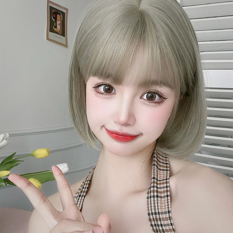 7JHH WIGS Short Straight Beige Wig for Women Synthetic Heat-Resistant Modest Fashion Wear and Go Bob Wigs with Neat Bangs - view 2