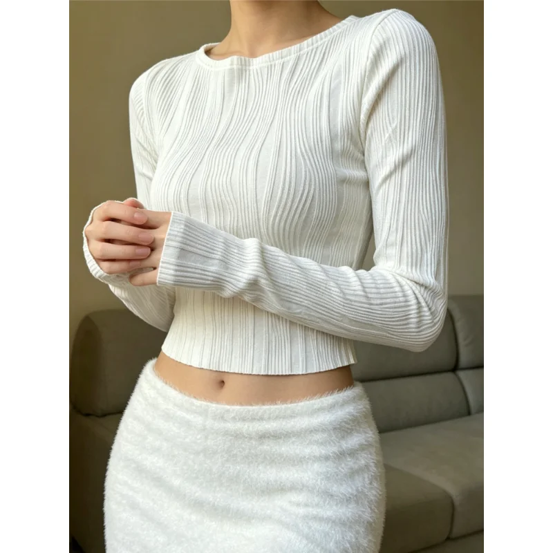 New Chic Sexy Women Autumn Y2K Wavy Ribbed Long Sleeve Crop Top Round Neck Slim Fitted Basic Shirt Daily Casual Outfit Tees