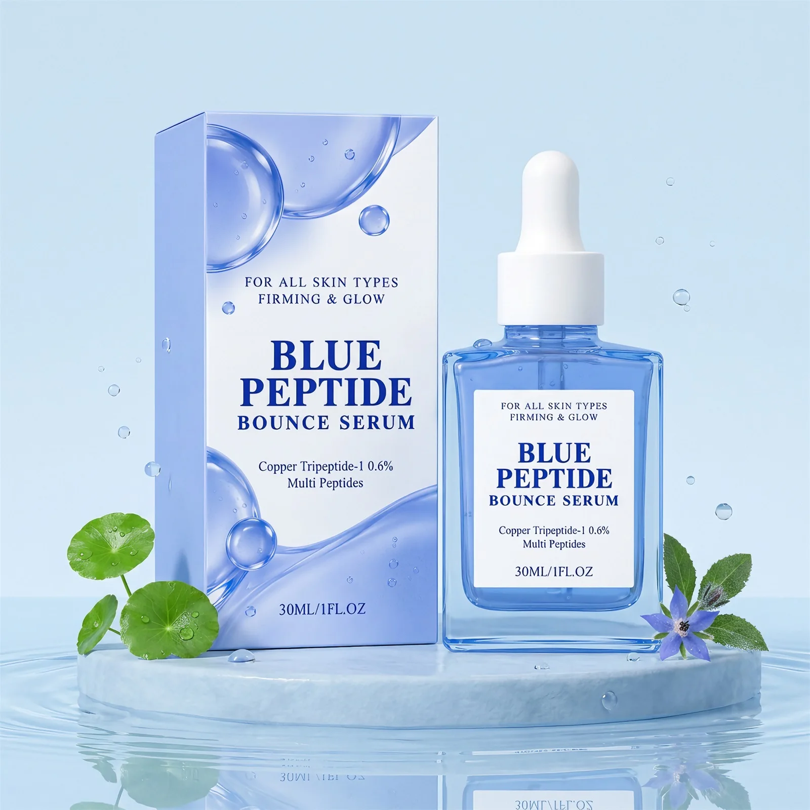 Blue Peptide Plumping & Firming Serum – a smooth-textured daily skincare serum that feels refreshing and comfortable, absorbing