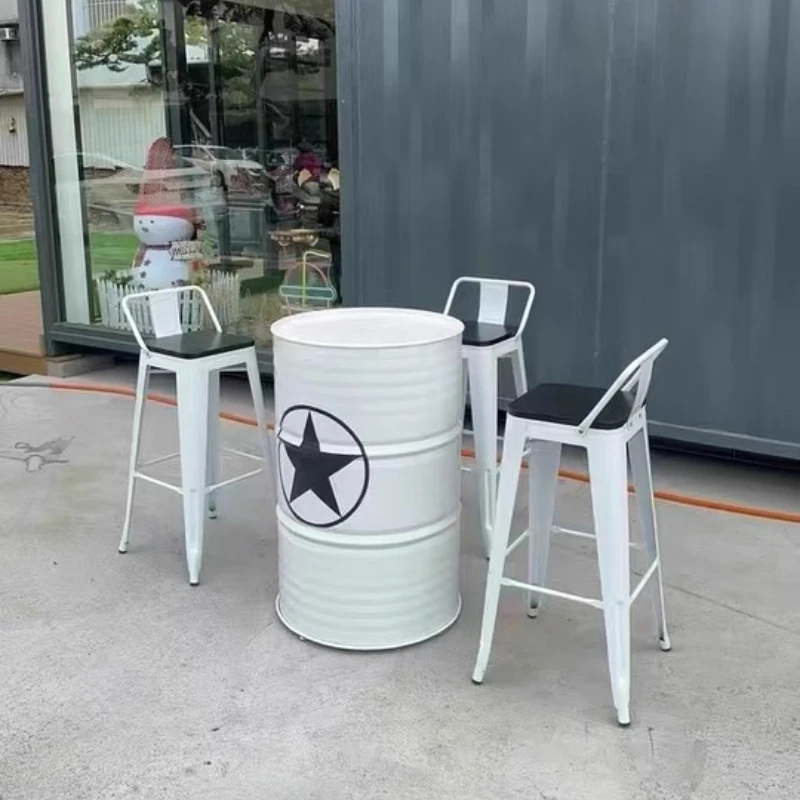 ‌Industrial Bar Table Set | Metal Stool with Oil Drum Base for Cafe & Pub - Rustic Iron Bistro Counter Height Chairs