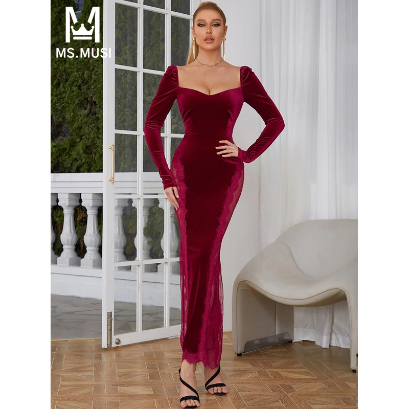 

MSMUSI 2024 New Fashion Women Sexy Lace Mesh Hollow Out Long Sleeve Bodycon Party Club Event Slim Velvet Maxi Dress Long Gown