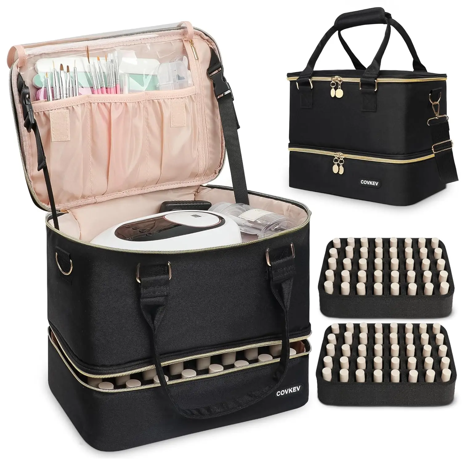 

Double Layer Nail Organizer Case Holds 80 Bottles & Lamp, Large Storage Bag with Handle for Women Travel Supplies