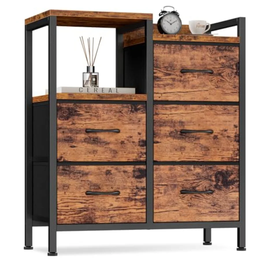 

5 Drawer Rustic Brown Fabric Dresser with Sturdy Metal Frame for Bedroom Closet Small 2 Tier Shelf Storage Cabinet Modern Style