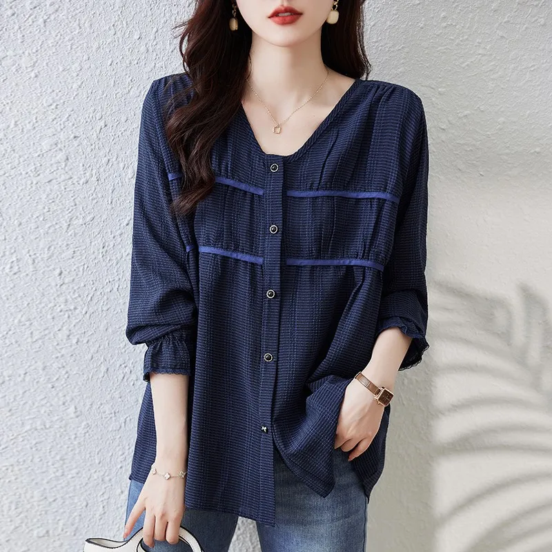 Women Long Sleeve Casual Shirt New Arrival 2024 Spring Korean Style V-neck Solid Color Loose Ladies Elegant Tops Shirts B3247