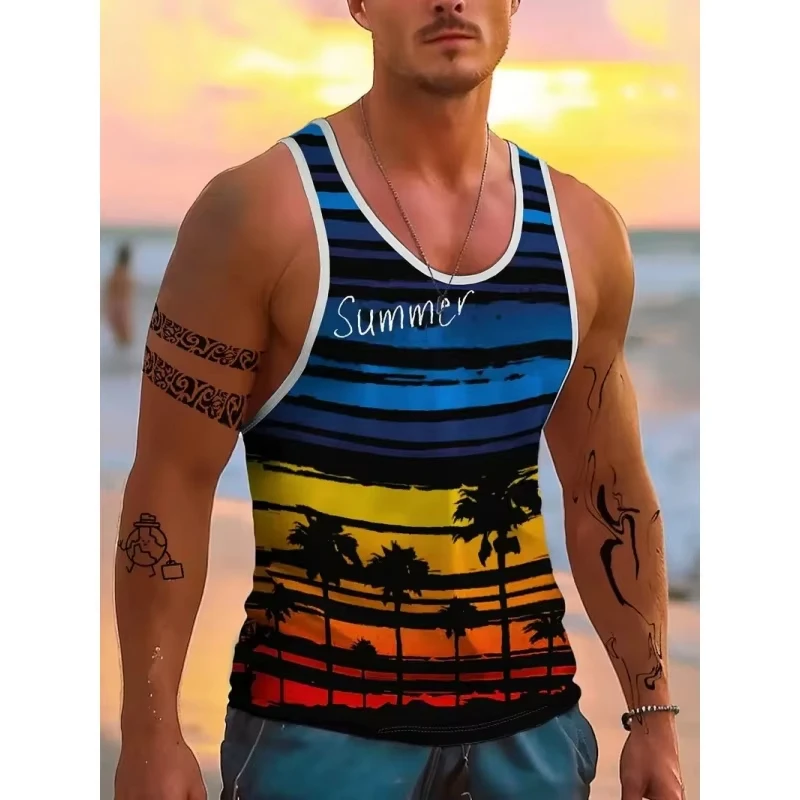

3D Printed Colorful Leaf Stripes Tank Tops For Men Coconut Tree Pattern Tees Summer Loose Street Sport Tops Round Neck Vests