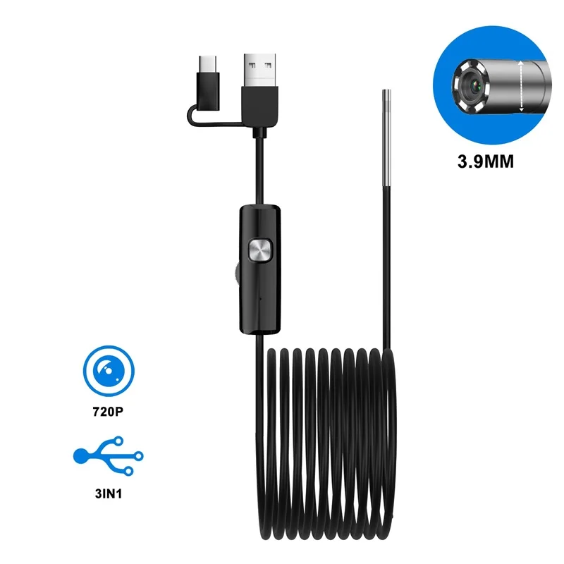HD720P Type-C Android Endoscope Camera 3in1 Micro USB 8mm 3.9mm Lens with 6LEDs Pipe Inspection Borescope for Android Phones PC