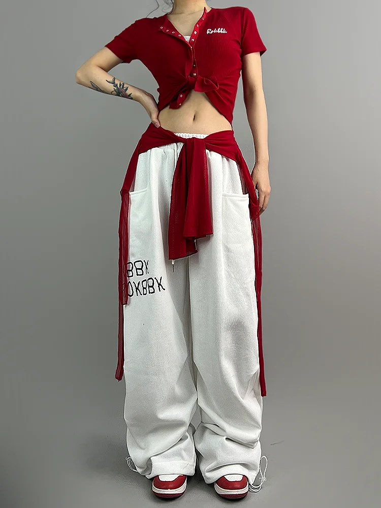 กางเกงขายาวสไตล์ฮิปฮอป ROKBBK-K สำหรับผู้หญิง เหมาะสำหรับเต้นและสวมใส่สบายๆ ผ้าคอตตอนผสม ทรงหลวม ขาตรง