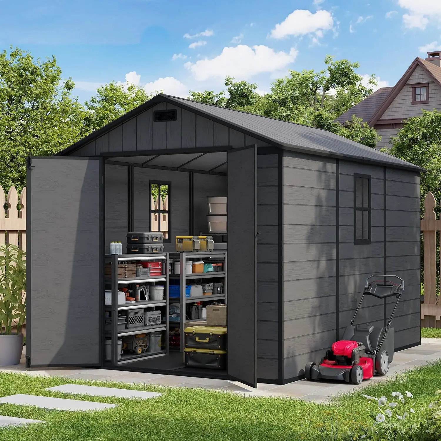 8X10 FT Resin Storage Shed, Dark Grey | Outdoor Plastic Shed with Floor Included, Lockable Door, Window & Vents,Customized