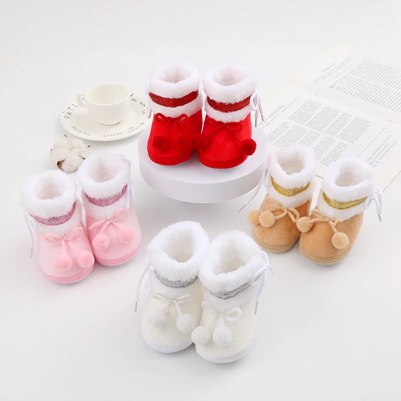 

Suefunskry Baby Cute Thick Plush Boots Infant Girls Boys Bobbles Bow Non-Slip Soft Sole First Walker Winter Warm Flat Shoes