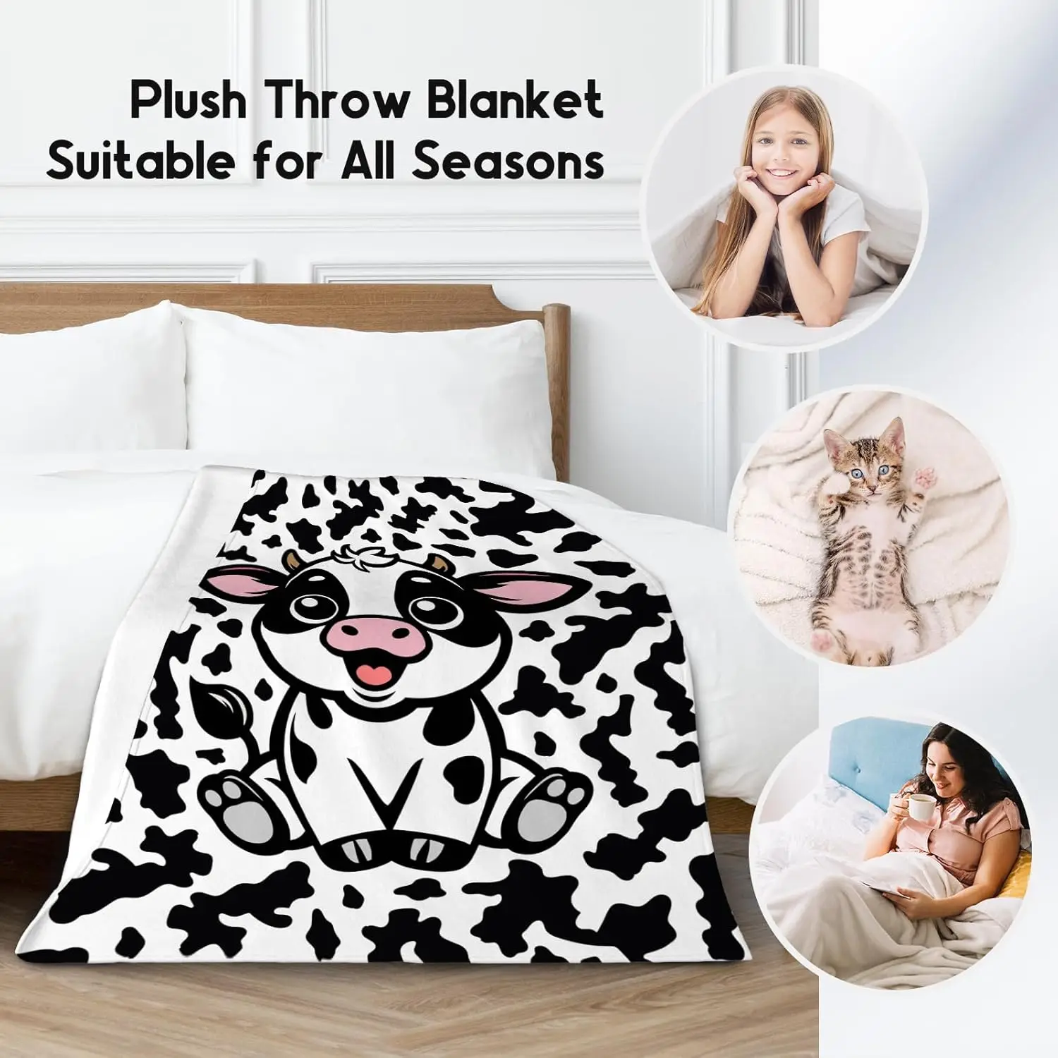 Cow Blanket, Cozy Soft Throw Gifts for Women, Cute White Flannel Throw Blankets for Couch Office, 60x80 Inches