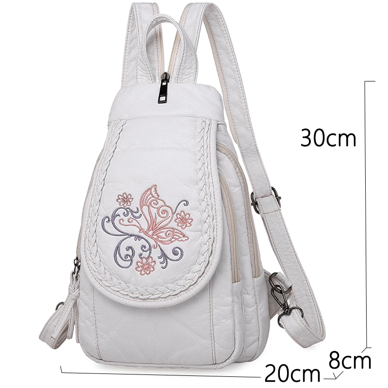 Embroidery Mini Backpacks Women\'s Backpack Cute Flower Pattern Wash PU Leather Ladies Backpack White Shoulder Bags for Girls SAC