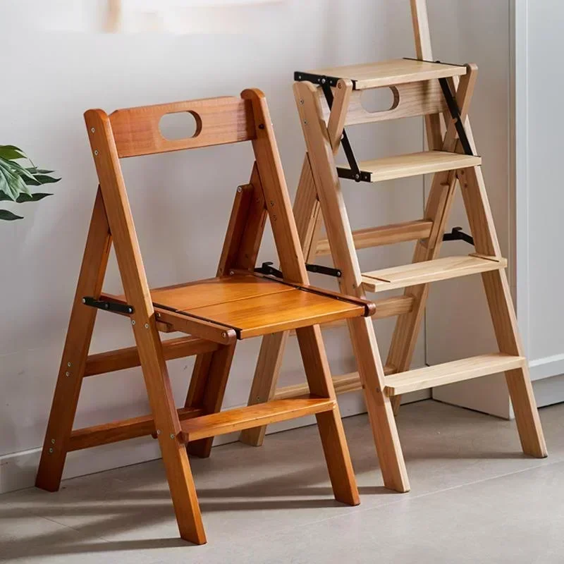Solid Wood Step Stock Housing Folding Chair Multifunctional Climbing Four Step Stairs Safe Stable Treats Yellow Walnut Color