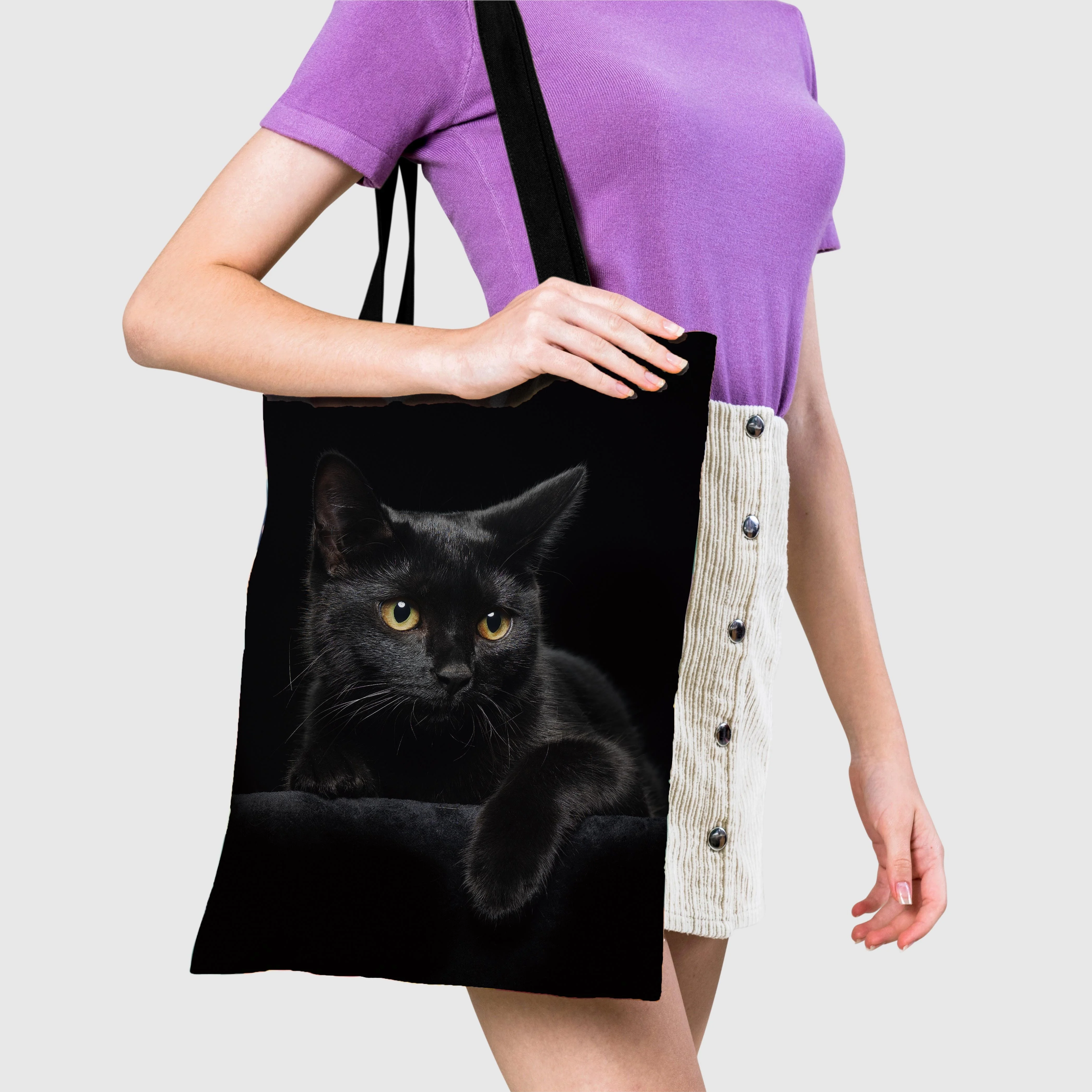 Vibrant Black Cat Hand Bag Women Tote Bag Linen Fabric Shoulder Shopper Bags For Women Eco Foldable Reusable Shopping Bags