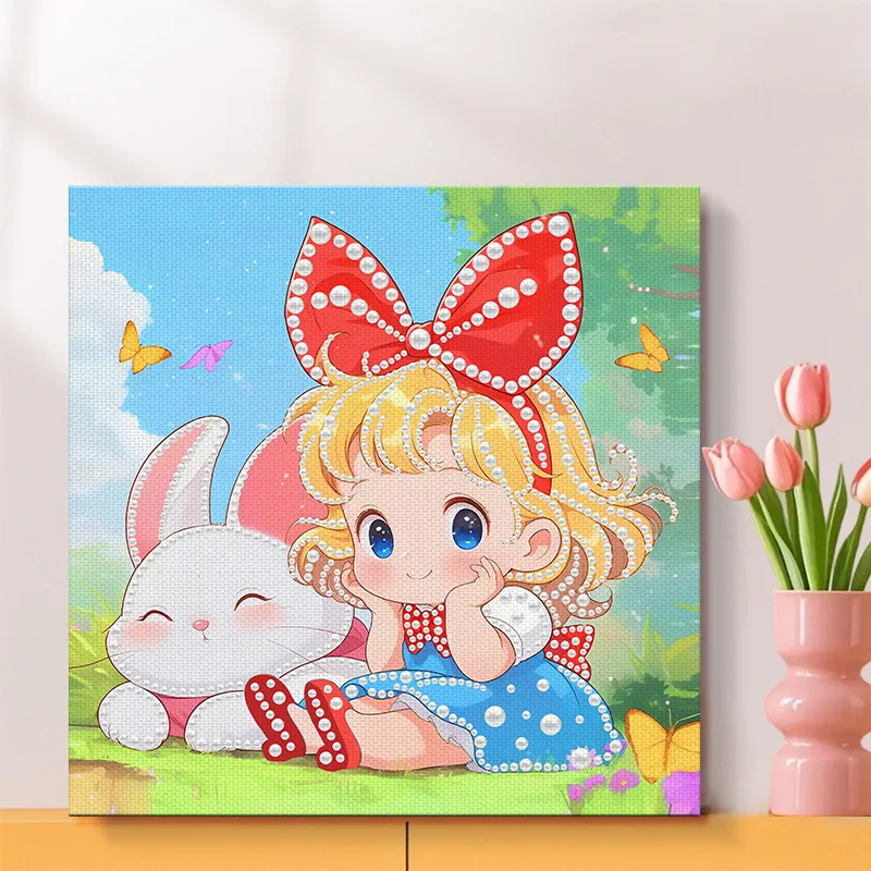 

Cartoon Girl with White Rabbit Kitty design Kit 5D Pearl Art DIY Diamond Painting Gift Home Wall Decor