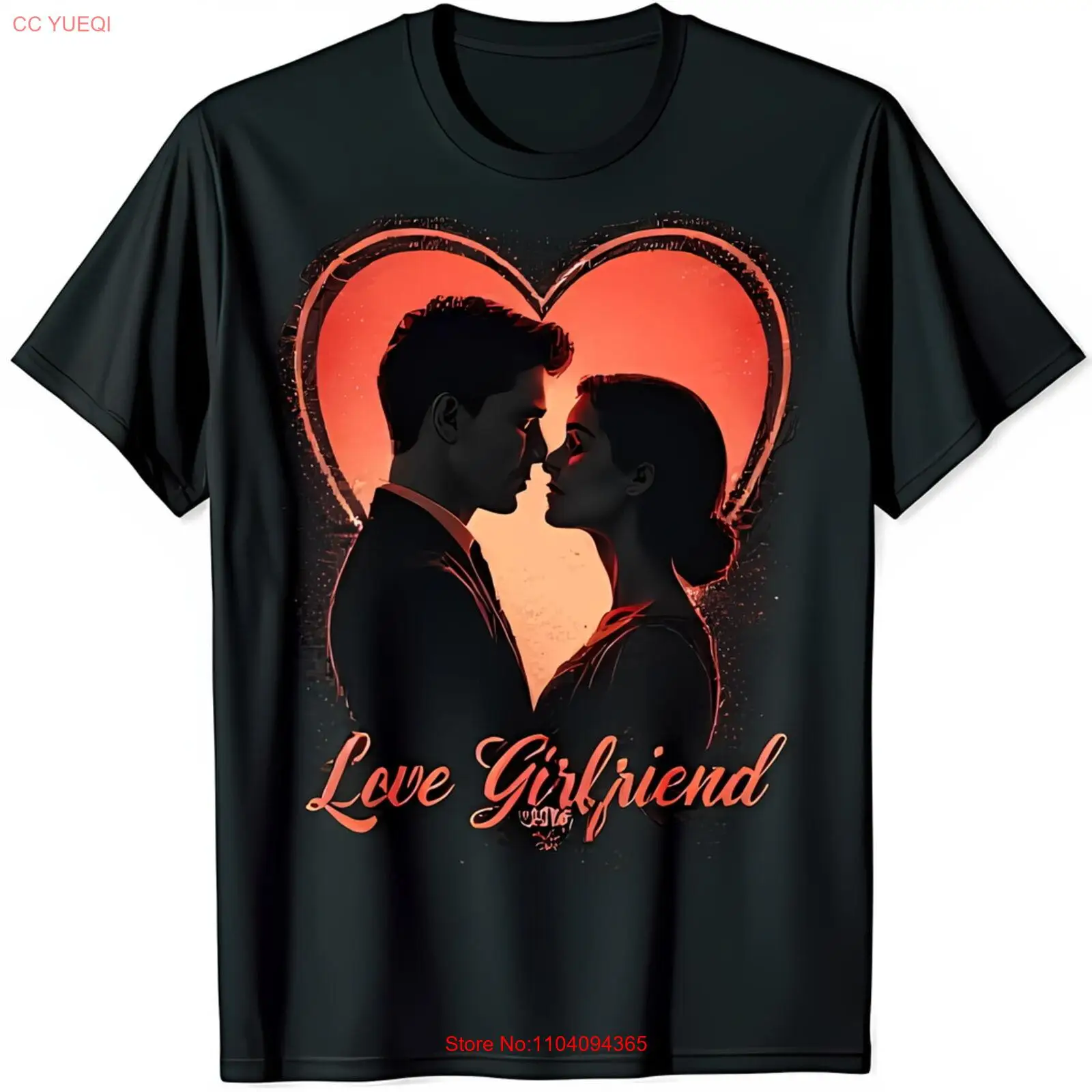 Stylish Black T-Shirt with Heart Shaped Graphic of a Loving Couple