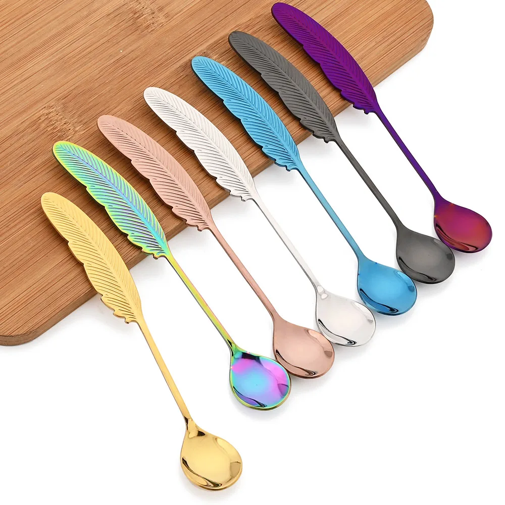 2/4Pcs Teaspoon Creative Feather Stainless Steel Spoon Coffee Spoon For Ice Cream Colorful Dessert Spoon Set Decoration Kitchen