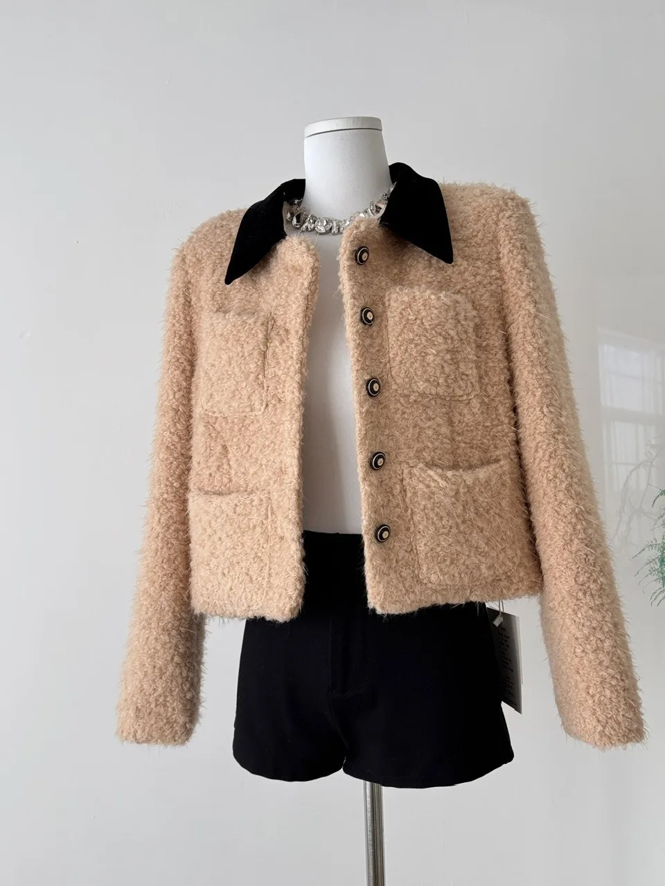 ريترو لامب الفراء Jaet المرأة الخريف الشتاء Ele Gentle Sle 2024 جديد متعدد الاستخدامات أعلى ألياف البوليستر 00% ملابس السيدات