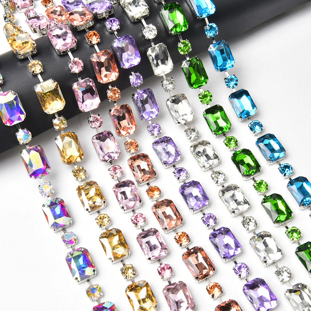 1Meter Round and Rectangle Rhinestone Chain For Women Shiny Multicolor Rhinestone Choker Necklace Wedding Bridal Party Jewelry