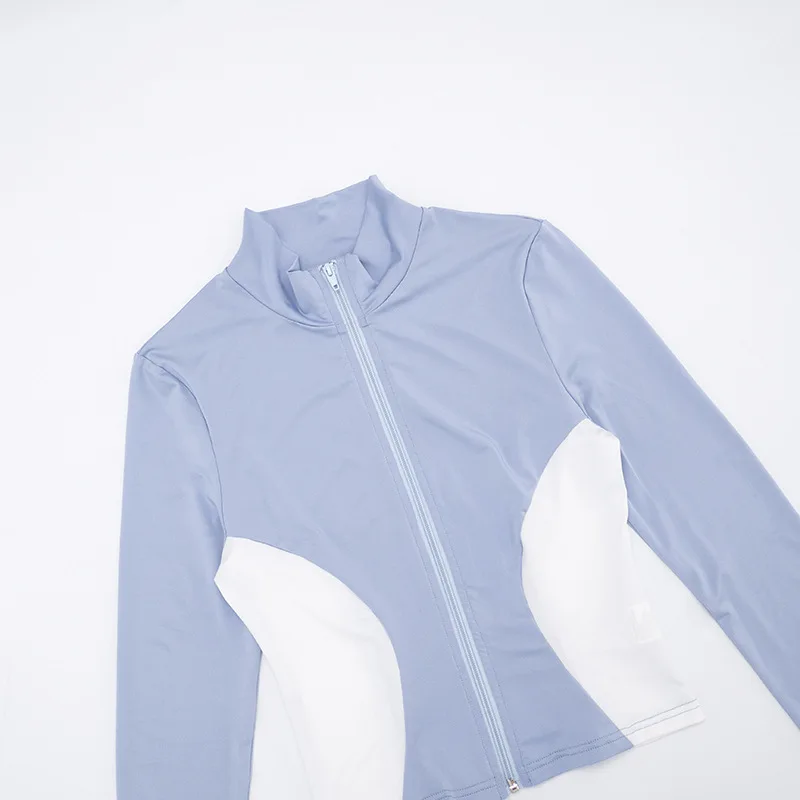 Bangniweigou Fall Women Fitness Suit Full Sleeves Color-Block Waist Zip-up Top with Pants Set Sporty Tracksuit Blue Pink
